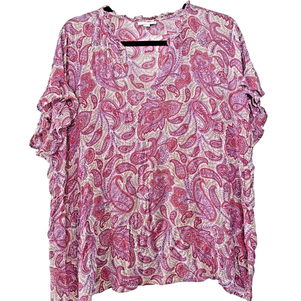 J Jill Pink Purple Paisley Gauze Blouse Ruffle Cap Sleeve V-Neck XL Flowy Boho